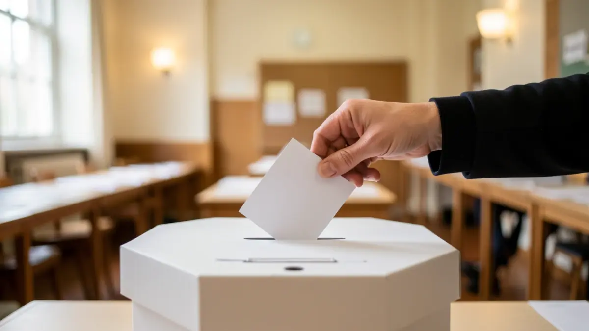 Generic image of a hand casting a vote into a ballot box at a polling station.