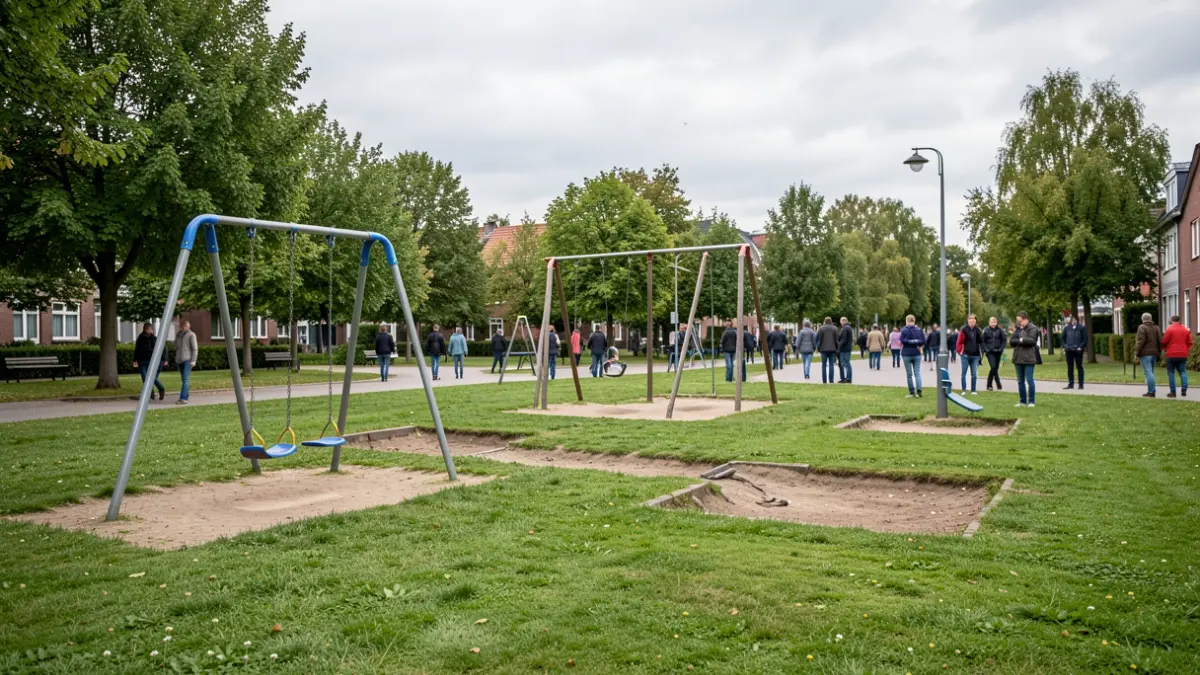 Generic image of playground equipment, including swings and a zip wire, with some sections removed.