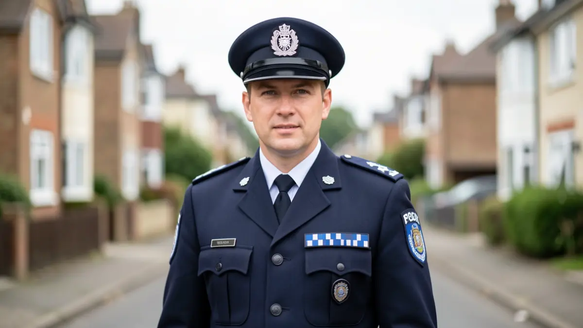 Generic image of a police officer on a suburban street.