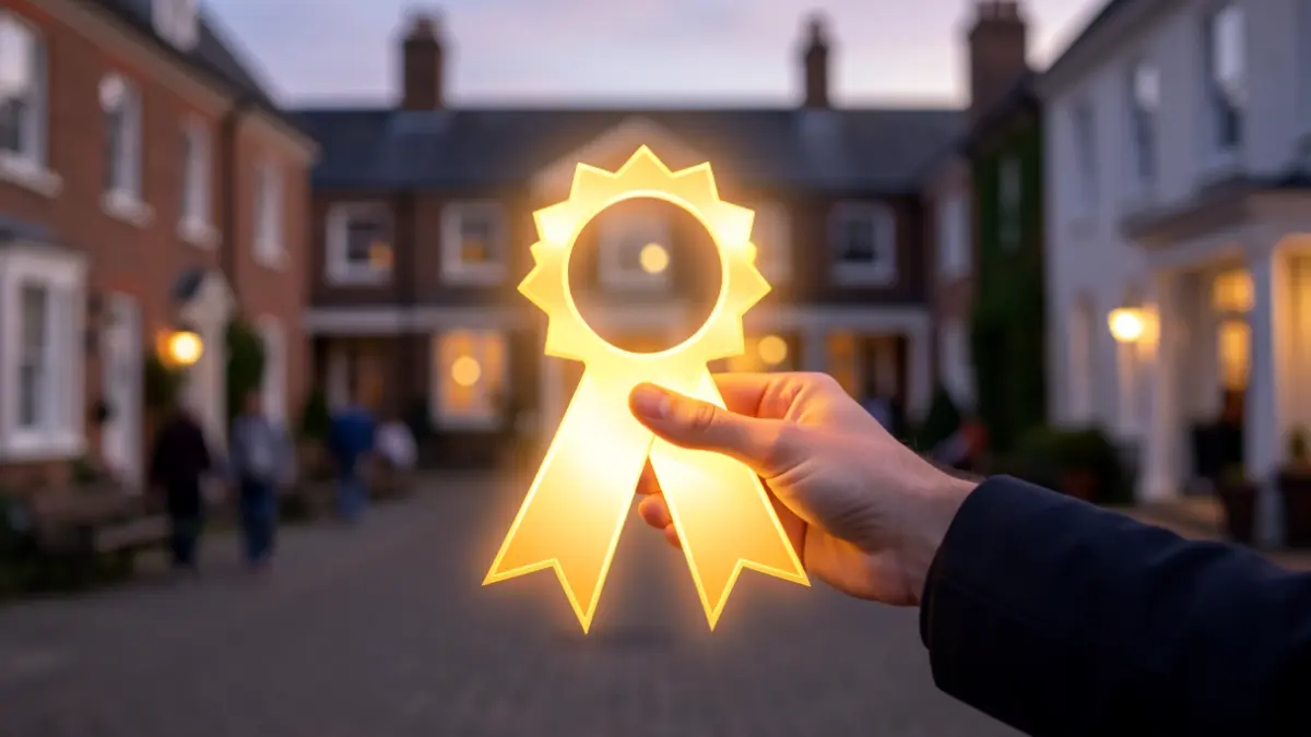 Generic image of a hand holding a glowing award ribbon against a blurred community background.