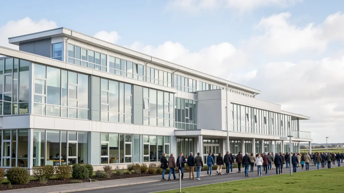 Modern hospital building exterior with large windows and clean lines.
