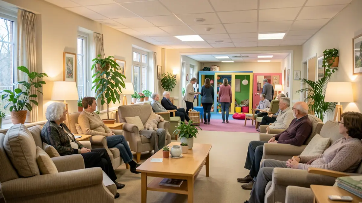 Generic image of a bright and comfortable nursing home common room with a sensory room in the background.