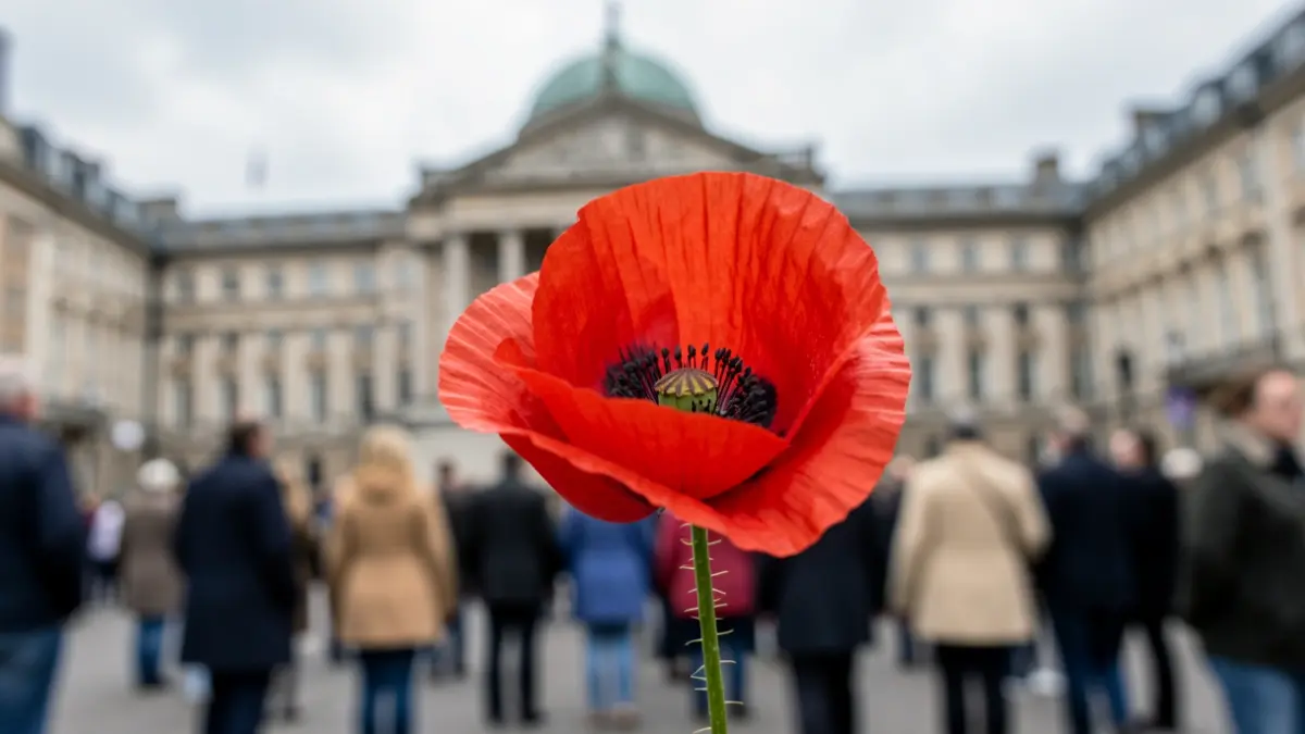 Generic image of a poppy flower with a blurred town hall in the background.