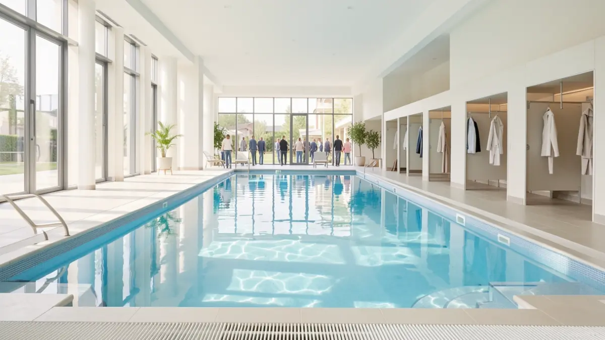 Interior of a new learner swimming pool with blue water and modern changing facilities.