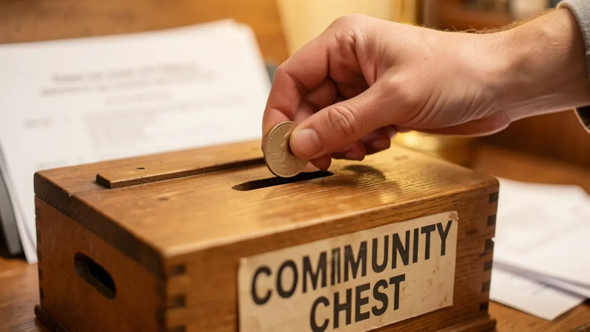 A hand donating to a community chest fund.