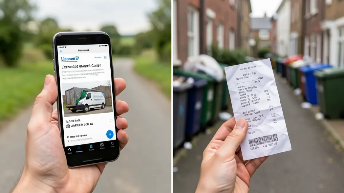 Generic image of a hand holding a mobile phone displaying a website and another hand holding a crumpled receipt, with blurred backgrounds of a road and bins.