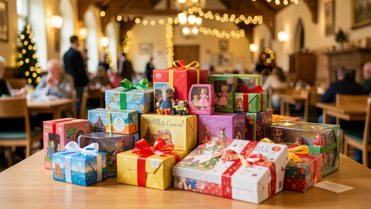 Generic image of a collection of new toys and gift vouchers arranged on a table.