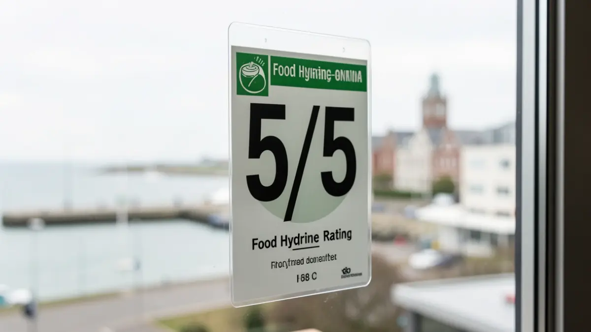 A 5/5 food hygiene rating sticker displayed on a restaurant window overlooking the Southend-on-Sea seafront.