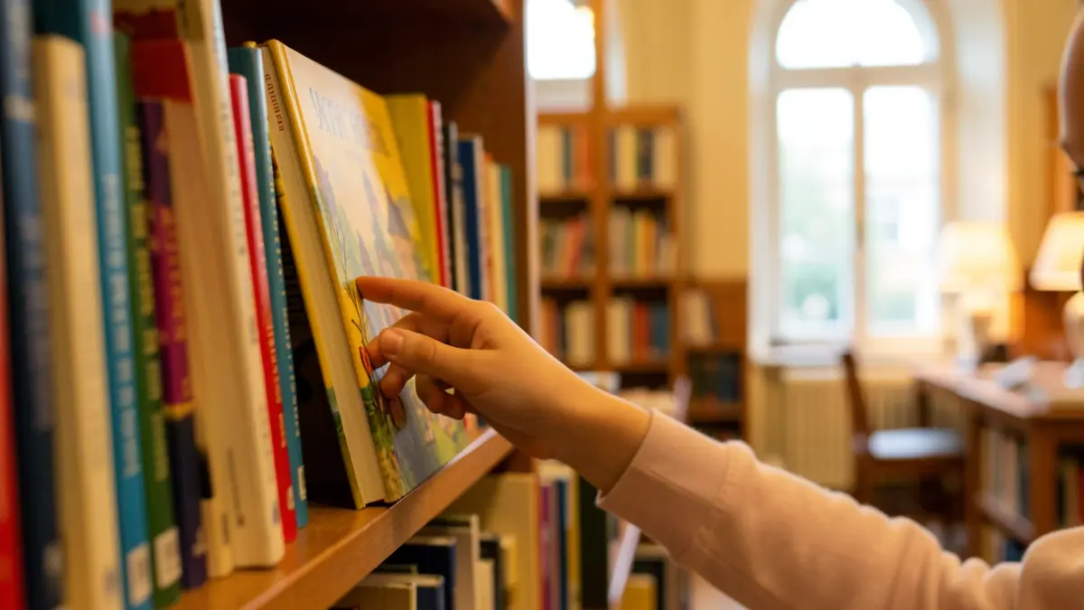 A child's hand reaching for a book on a library shelf.