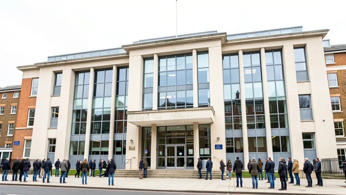 Generic image of a modern town hall building facade under an overcast sky.