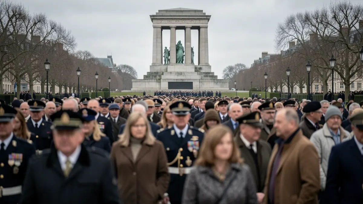 Generic image: blurred figures in uniform and civilian attire, soft overcast lighting, documentary style. Focus on the atmosphere of remembrance.