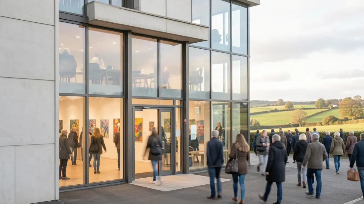 Generic image of the exterior of a community arts centre with large windows and a blurred entrance.