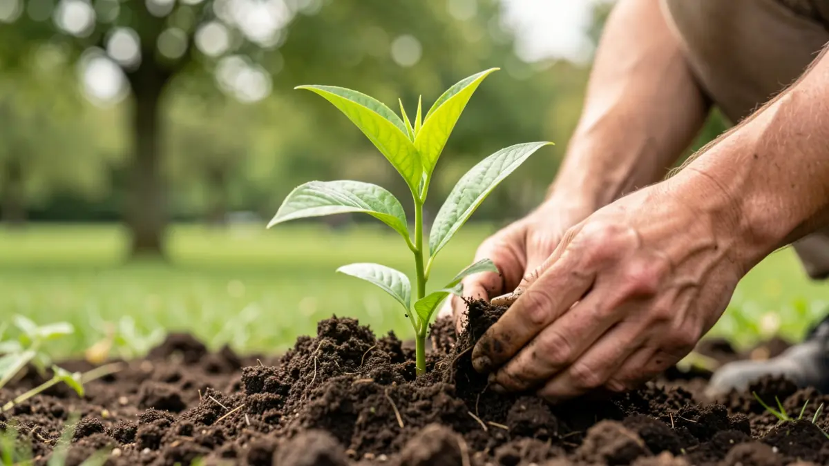 Generic image of a young tree being planted in the ground.