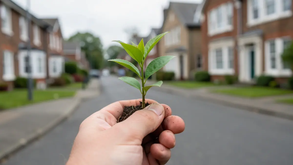 Generic image of a hand holding a small green sapling, with a blurred background of a street and a building facade.