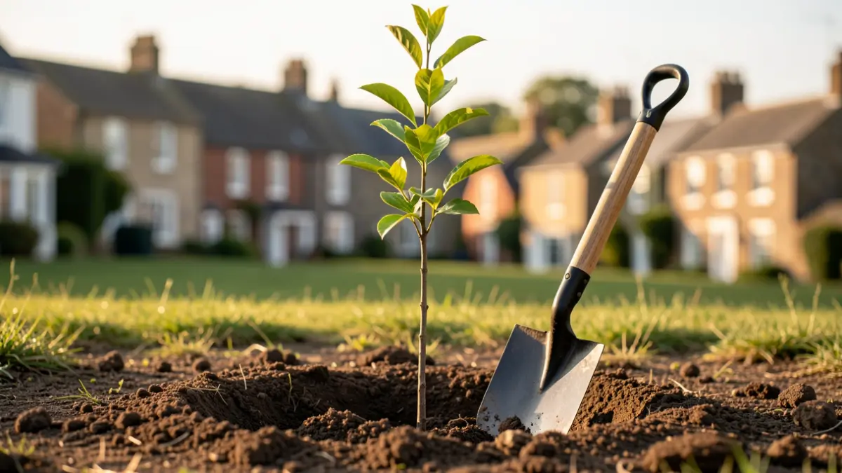 A newly planted tree sapling with a ceremonial spade.
