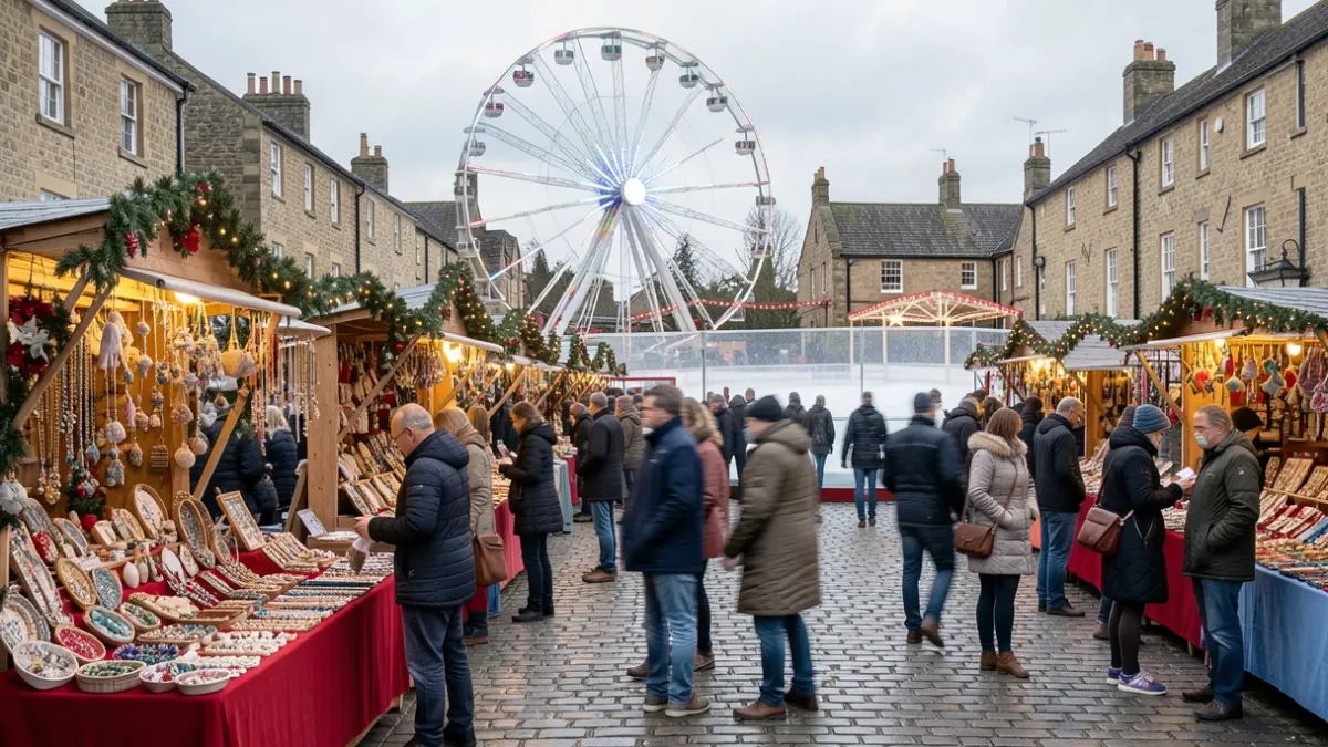 Festive Christmas market with stalls, Ferris wheel, and ice-skating rink in Stowmarket.