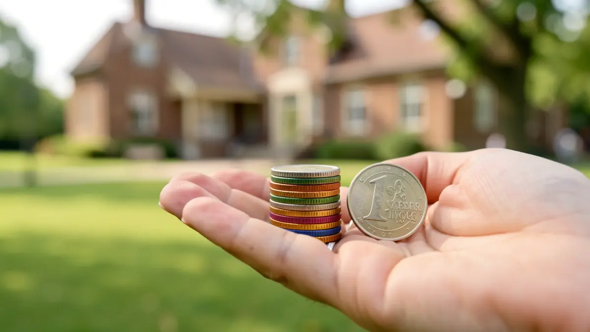 Generic image of a hand holding coins with a blurred community background.
