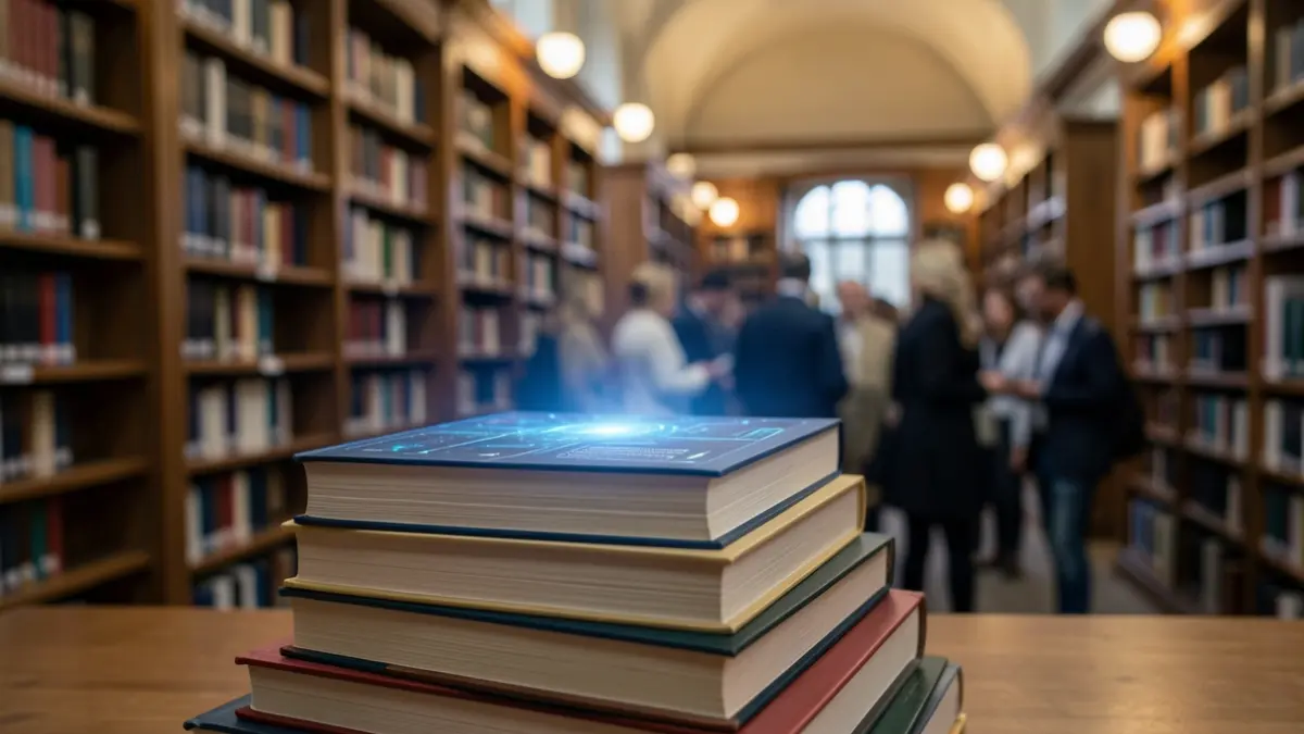 A stack of books with a technological glow, set against a blurred university library background.