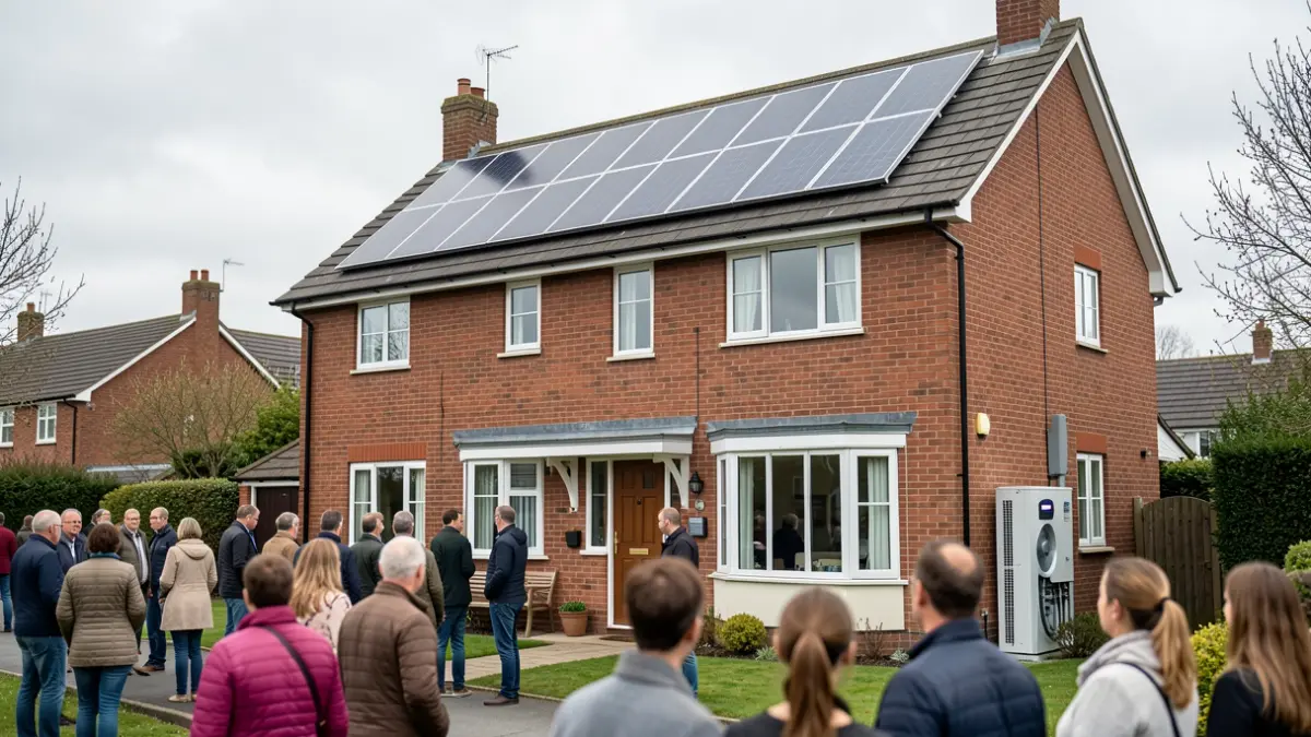 A home in Suffolk benefiting from energy efficiency upgrades, including solar panels and an air source heat pump.