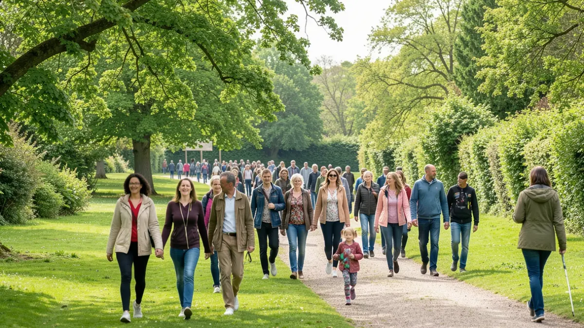 Generic image of a group of people enjoying a wellbeing walk in a park, with trees and green spaces in the background.