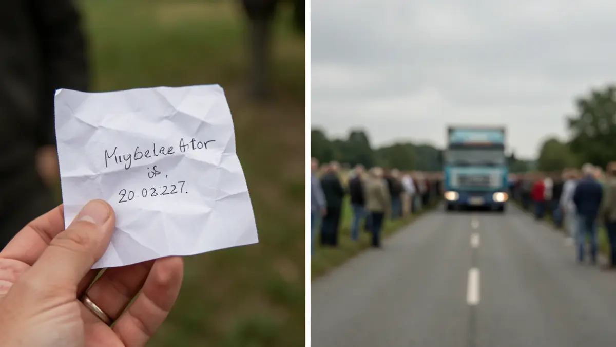 A split image showing a close-up of a handwritten address and a lorry on a rural road.