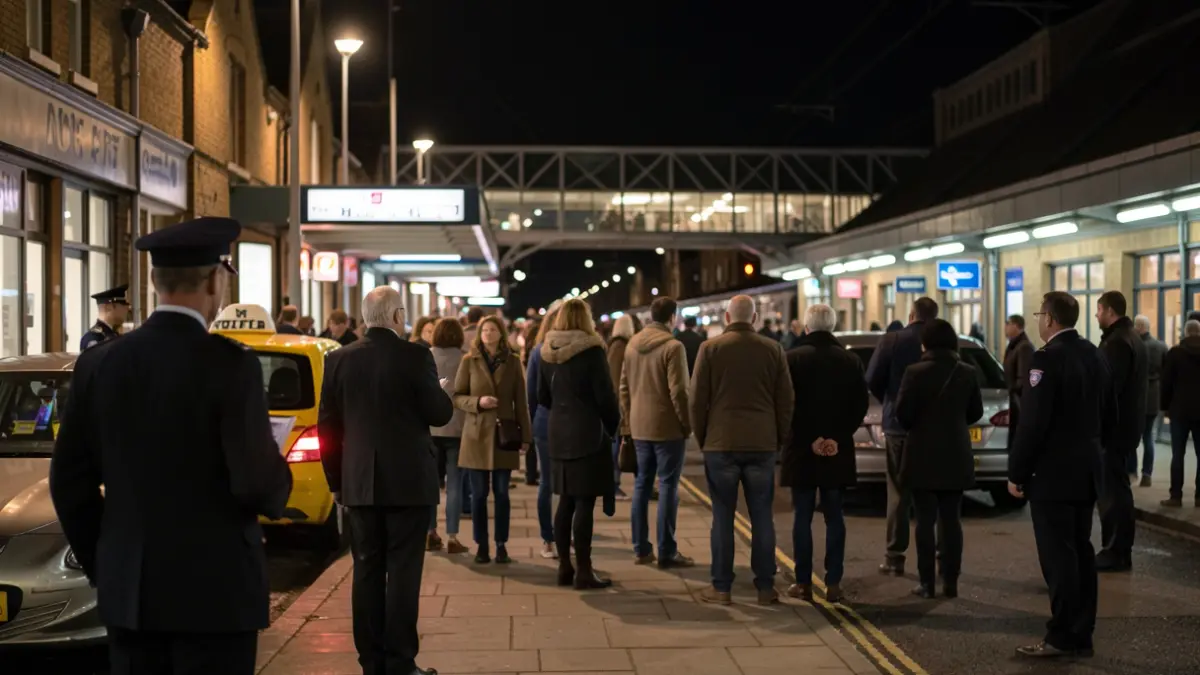 Generic image of a taxi rank at night outside a train station, with blurred lights and a general atmosphere of official checks.