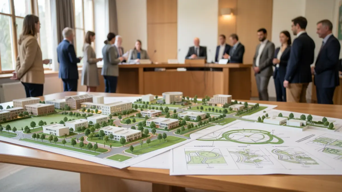 A planning document for a new Garden Community development is displayed on a table.
