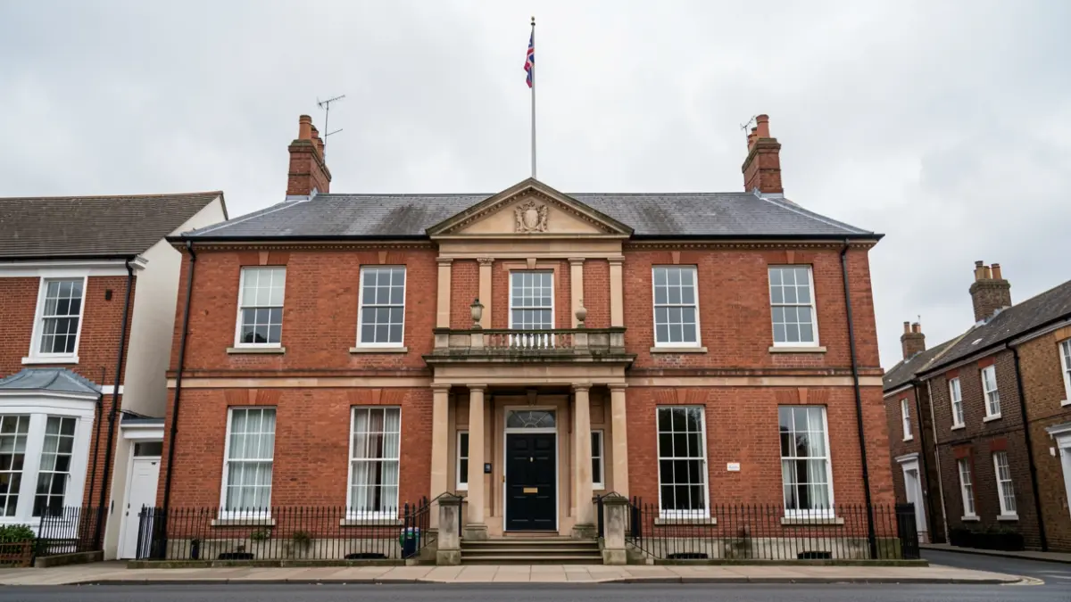 Generic image of a British town hall facade under an overcast sky.
