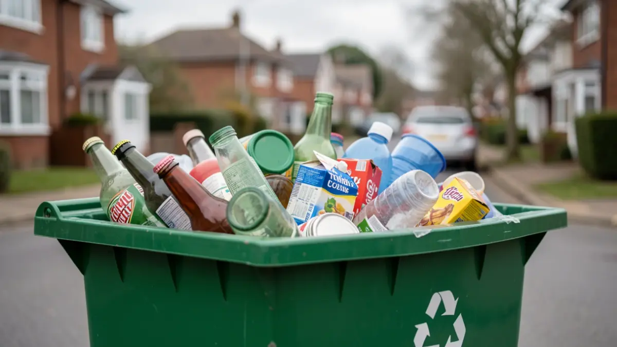 Generic image of a recycling box filled with various household waste items.