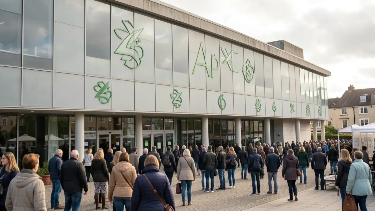 The Apex venue facade with green energy symbols.