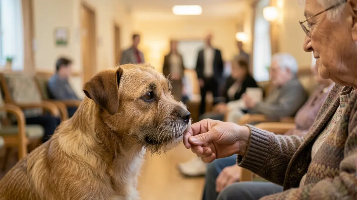 A therapy dog gently interacting with an elderly resident's hand in a care home.