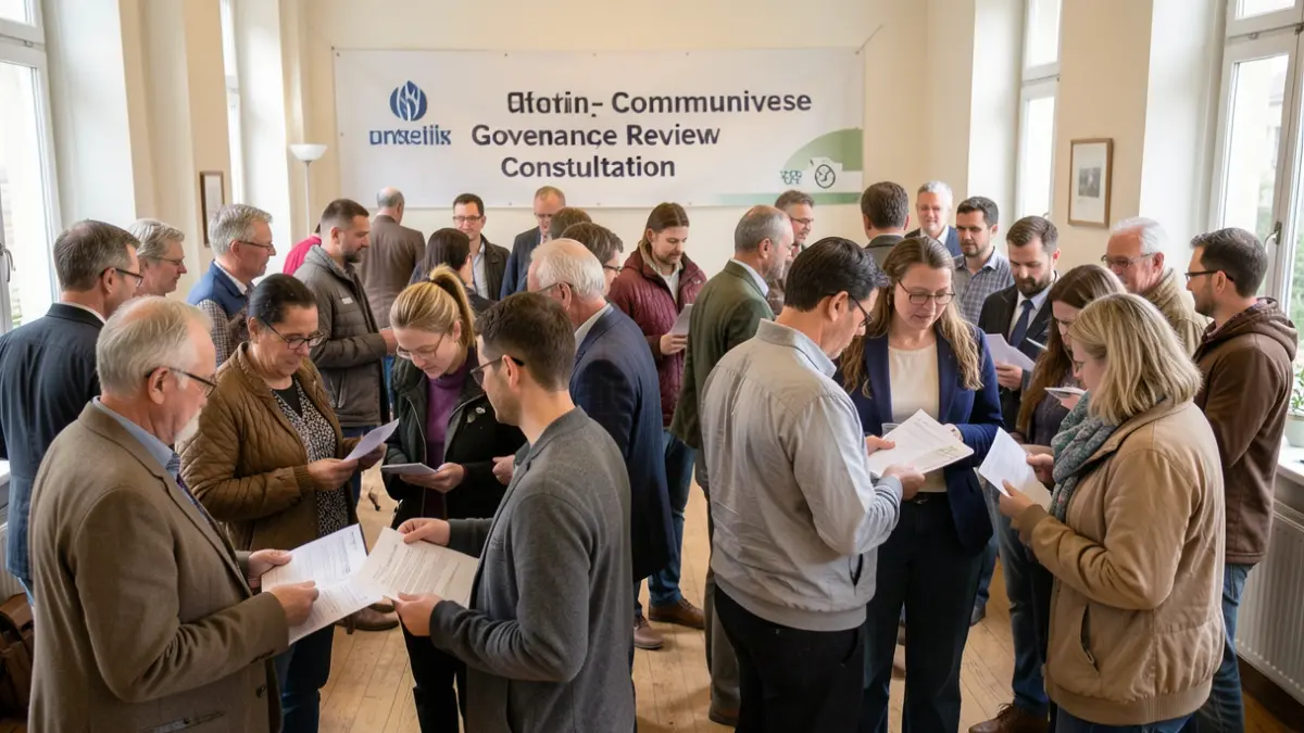 Generic image of a community consultation event with people discussing local governance proposals.