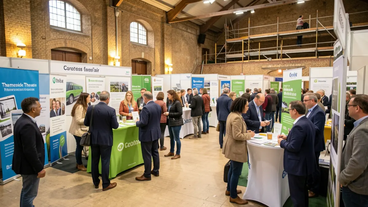 Thurrock careers fair with diverse attendees and employer stands.