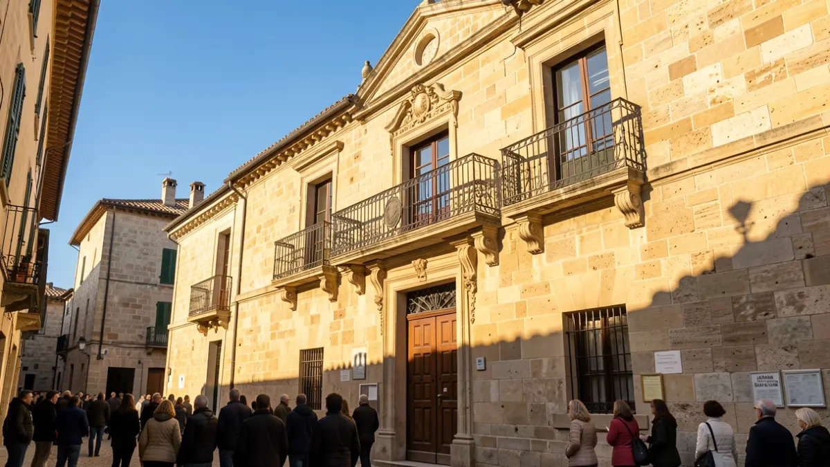 Generic image of a town hall facade with a balcony and railings, in warm afternoon sunlight.