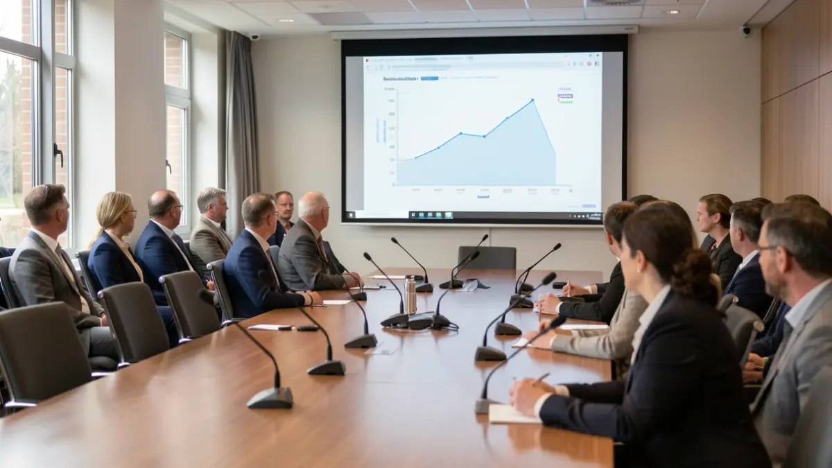 A modern conference room set up for a meeting with microphones on a table and a screen in the background.