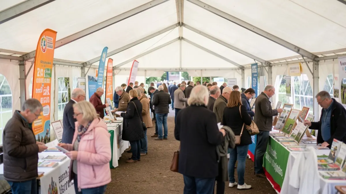 Community roadshow event with people gathering for information and support.