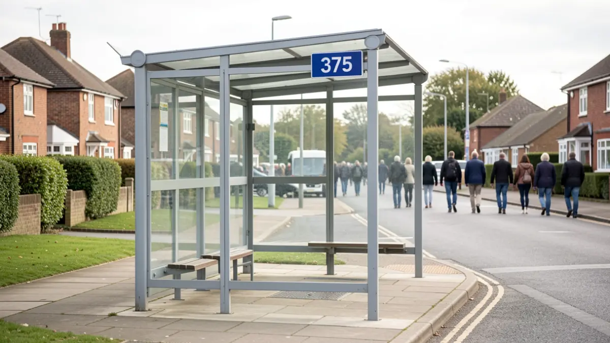 Generic image of a bus stop shelter with route information.