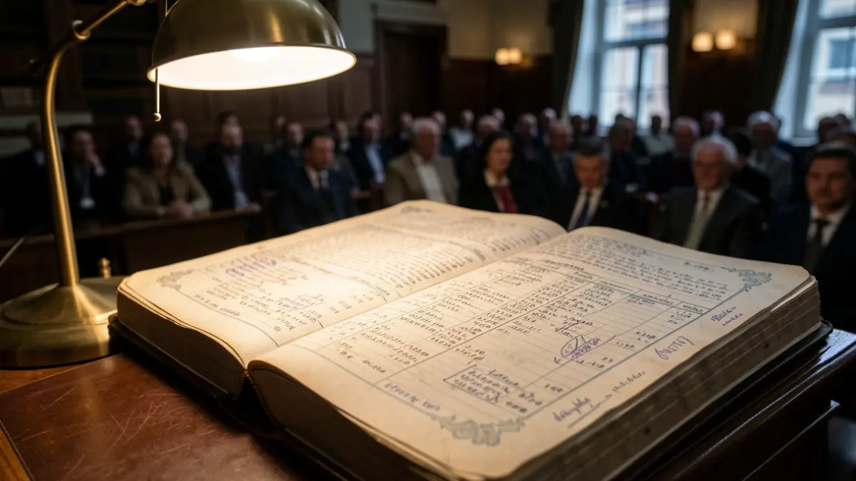 Close-up of a ledger book detailing financial figures and debt.