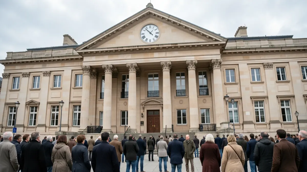 Generic image of a government building facade with columns and a large clock, under a slightly overcast sky, representing local government.