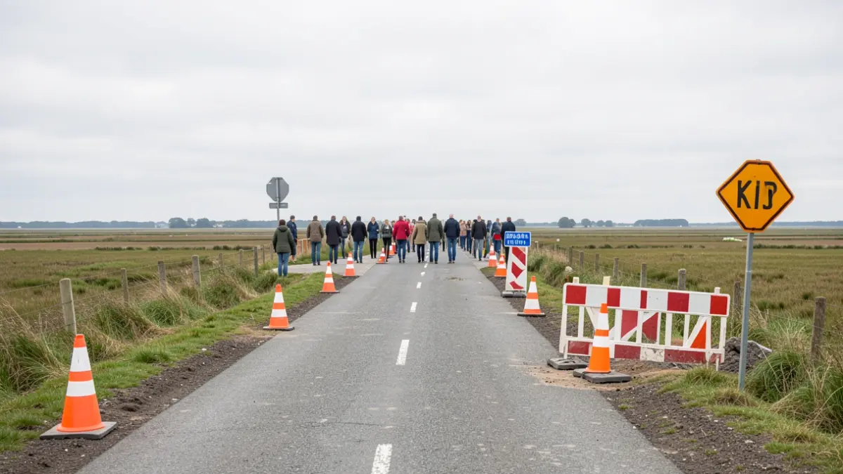 Generic image of a road closure with temporary barriers and cones in a rural East of England landscape.