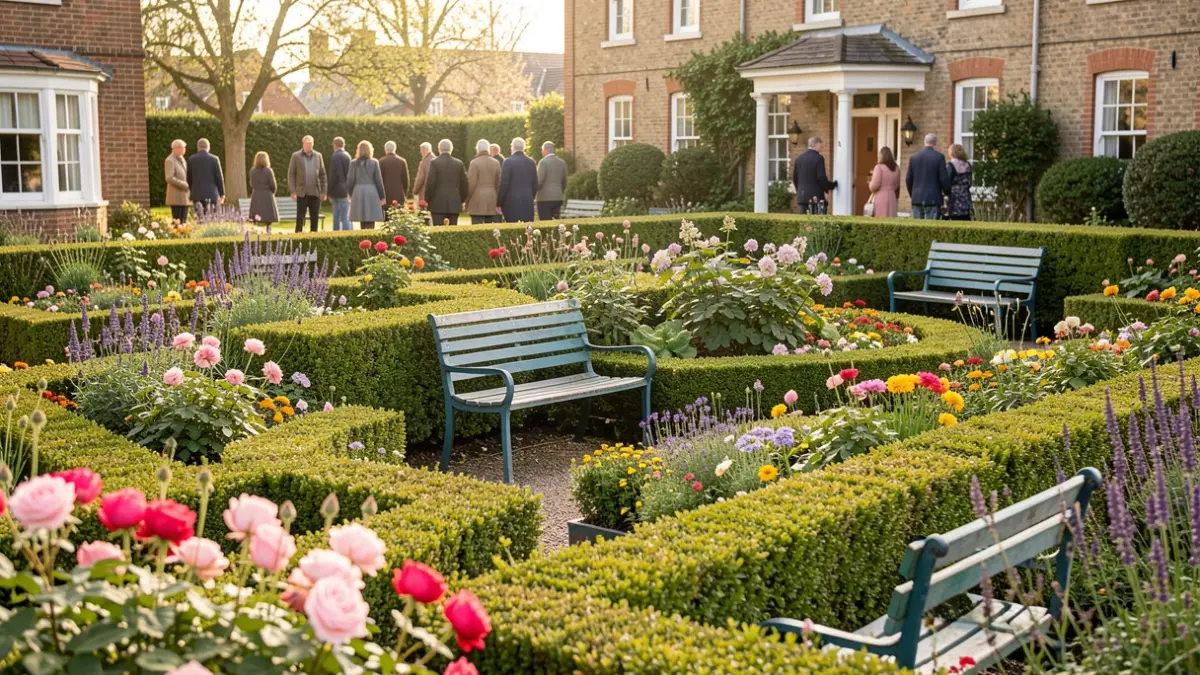 A well-kept nursing home garden with colourful flowers and painted benches.