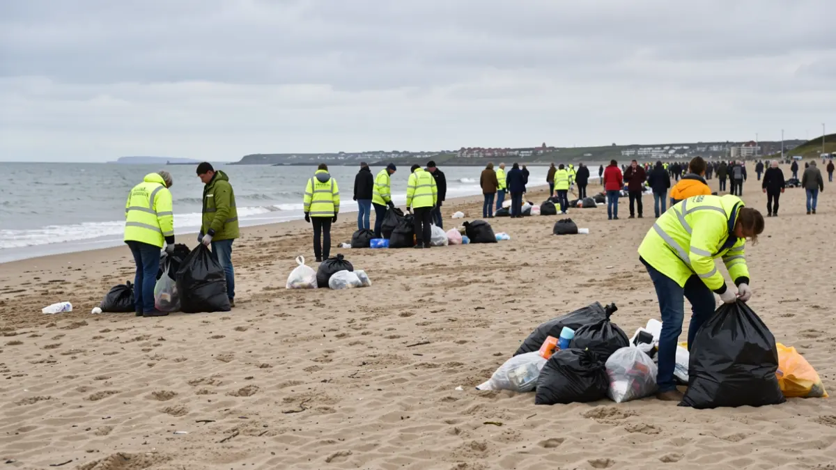 Volunteers cleaning a beach in Essex.