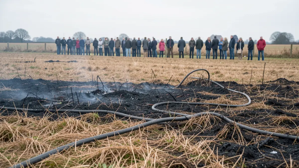 A downed power cable on smouldering grass in a field.