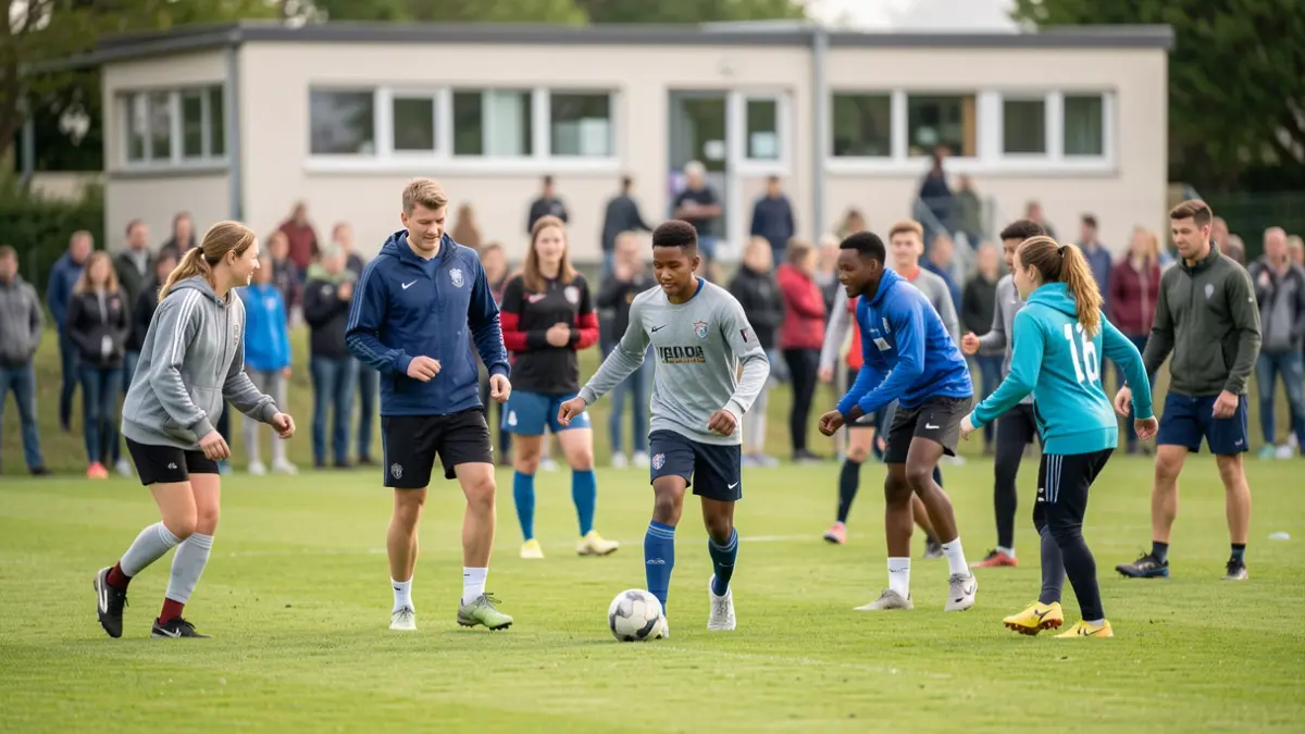 Generic image of a diverse group of people participating in a football session at a community centre.