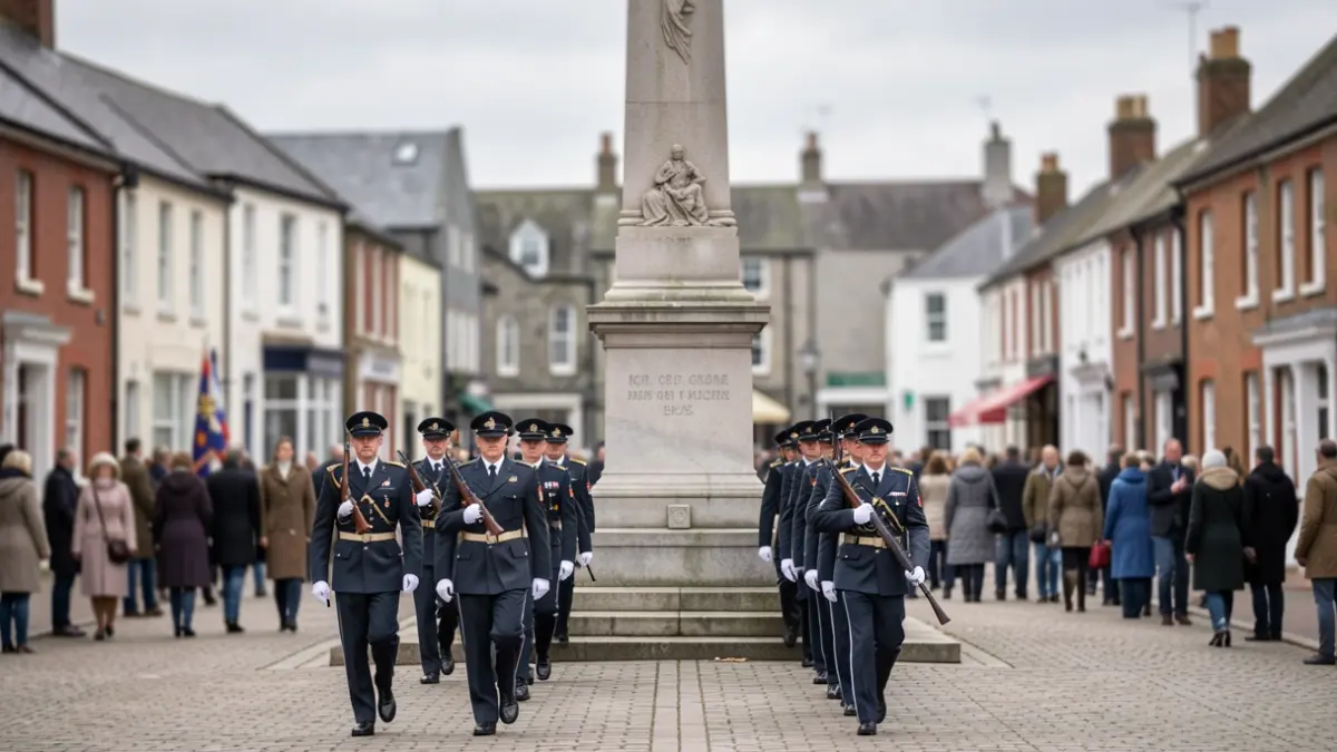 Remembrance Sunday parade approaching a war memorial in Watford.