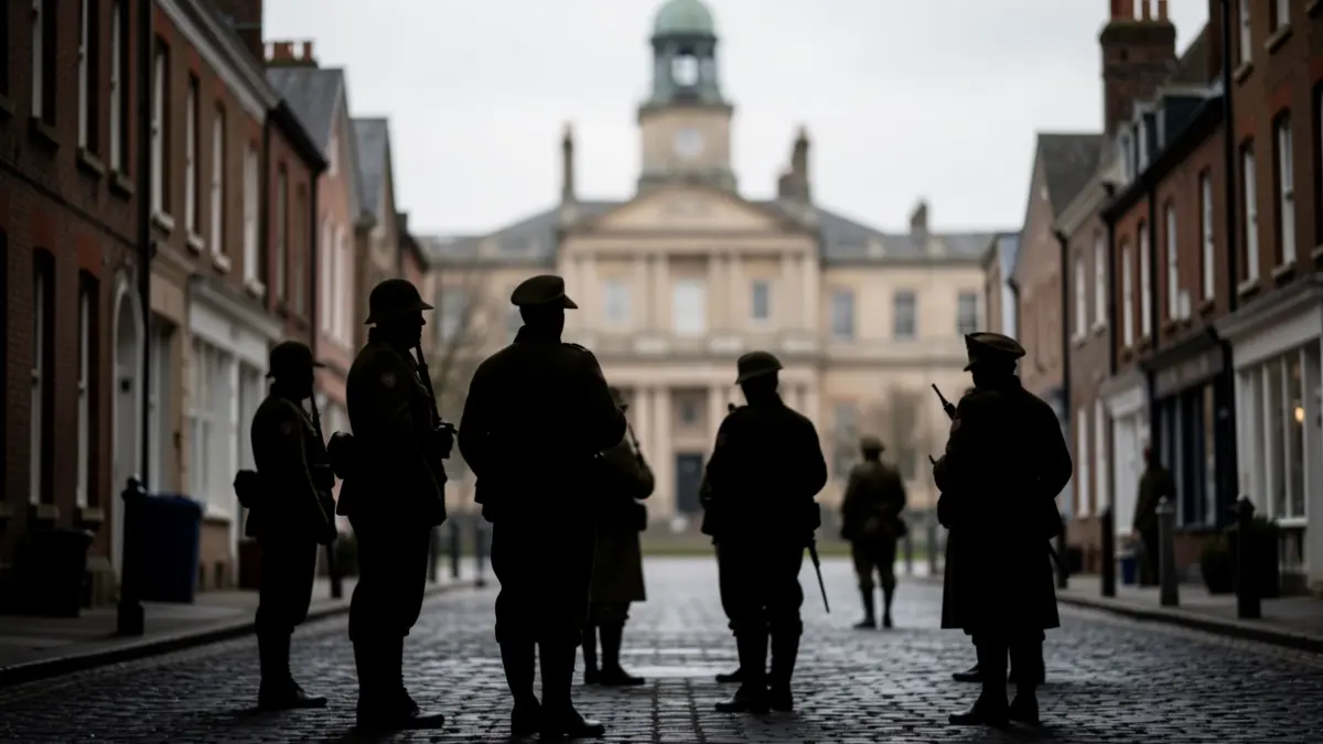 Generic image of silhouetted First World War soldiers displayed in a town setting, with blurred architecture in the background.