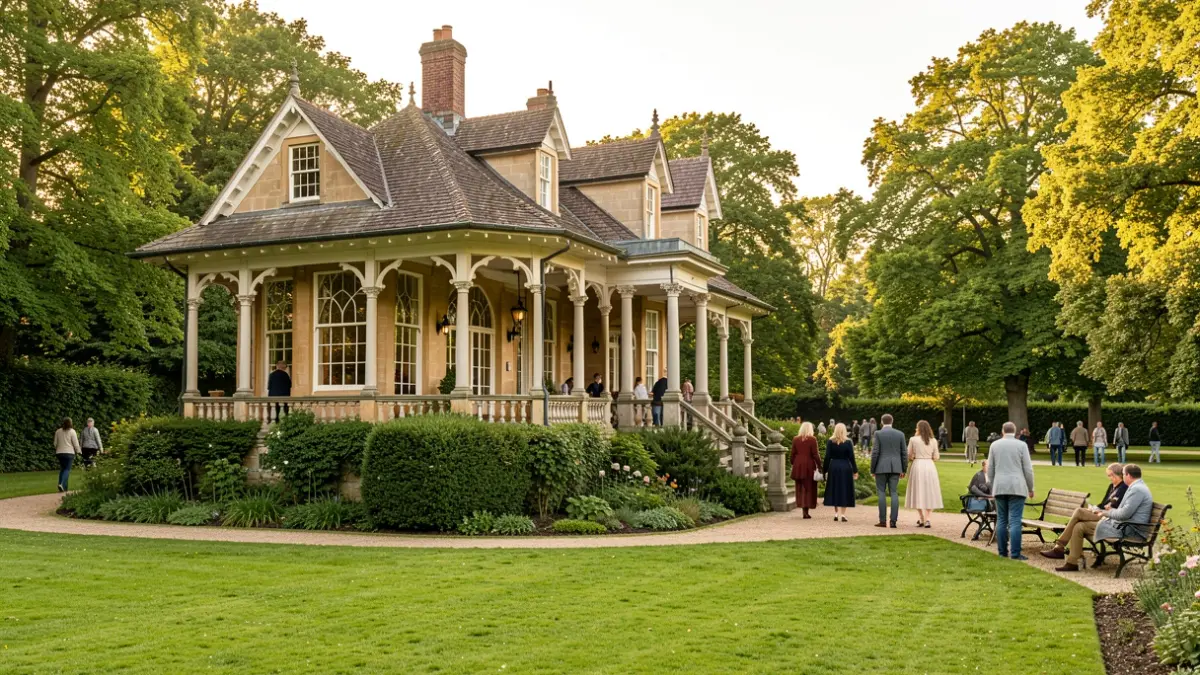 Generic image of a historic tea pavilion in a park with people celebrating.