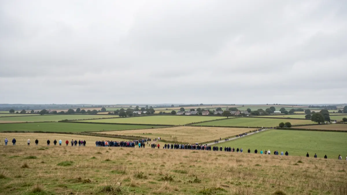 Generic image of a wide, open East Anglian landscape under a vast, overcast sky, with rolling fields and a distant, small village.