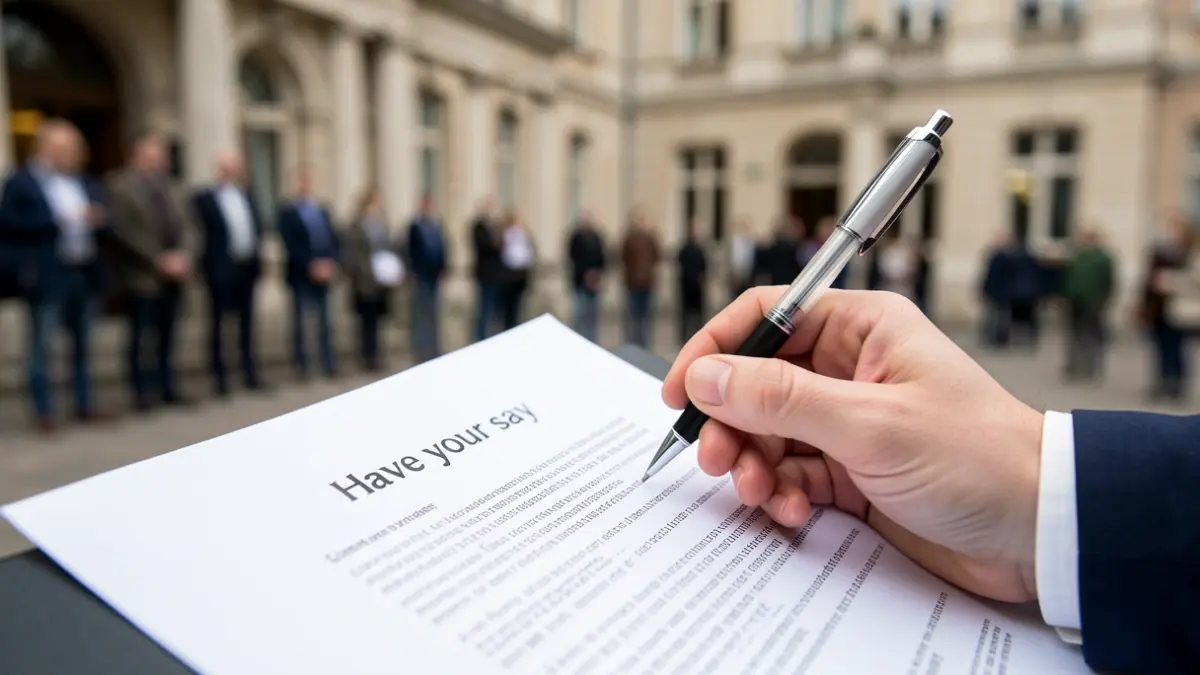 Generic image of a hand holding a pen over a document, with a blurred building in the background.
