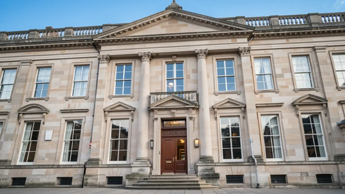 Generic image of a formal stone building facade with large windows and a prominent entrance, set against a clear blue sky.
